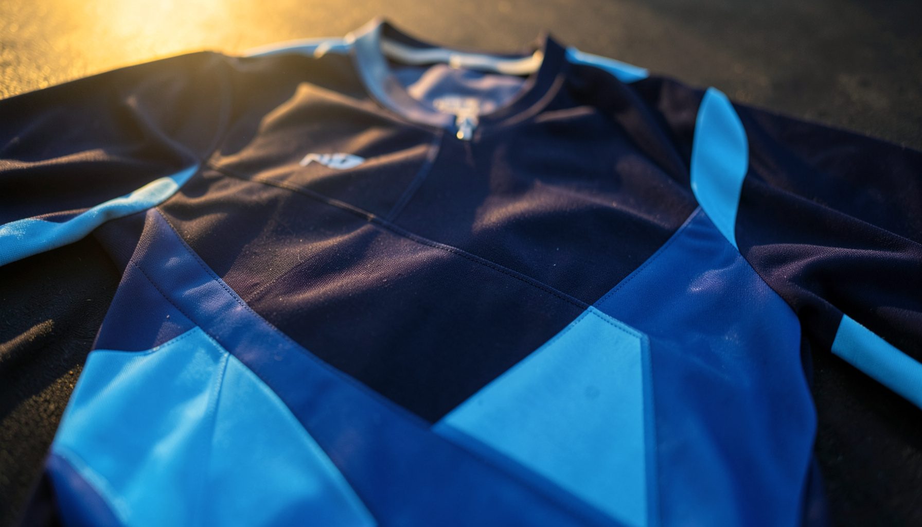 Close-up of a cycling jersey in deep navy and sky blue with subtle geometric paneling, laid flat on a dark surface